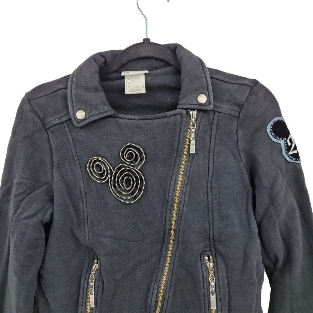 Disney Parks Disneyland Moto Jacket Sweatshirt M Black Sequined Mickey‎ 3D Zip